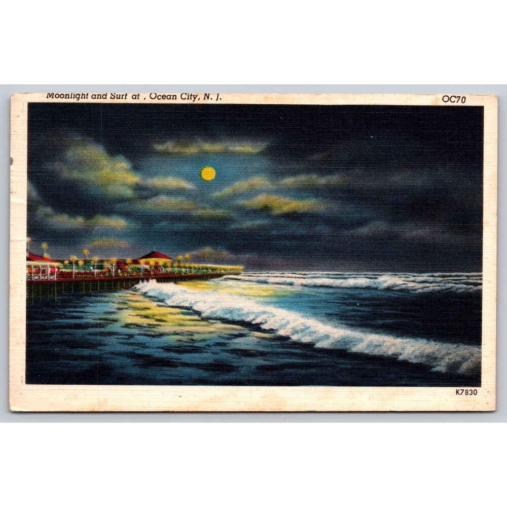 Postcard New Jersey Ocean City Moonlight and Surf Full Moon Posted 1959 Linen